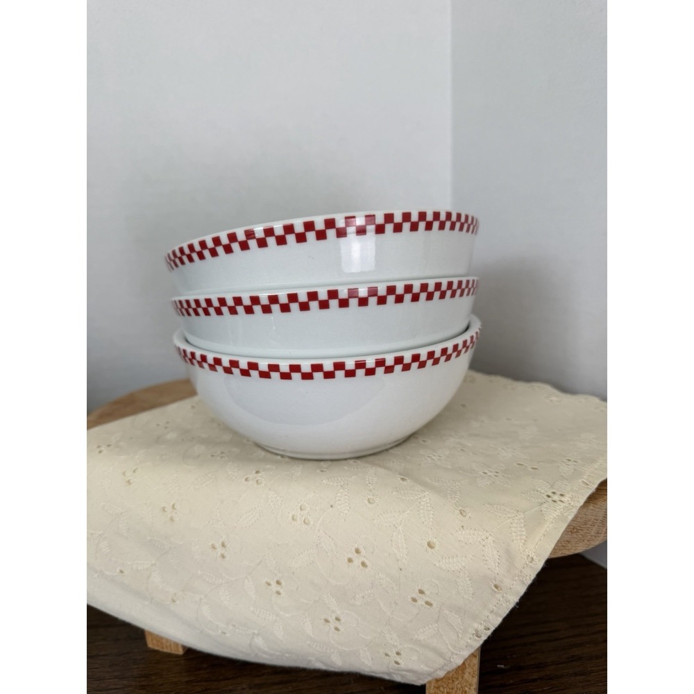 Crown Rego Oneida 5.5" Cereal Bowls Set 3 Red Check Rim Porcelain